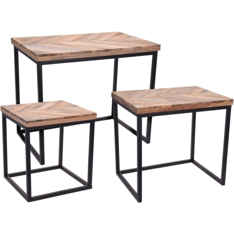 Set van 3x plantenstandaards rechthoekig metaal/mango hout zwart 42/37/33 cm -