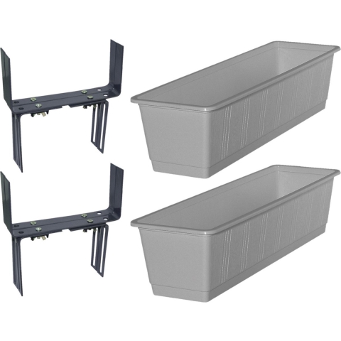 Set van 4 kunststof plantenbakken grijs rechthoekig 60 cm met 8 verstelbare balkon/muurbeugels -