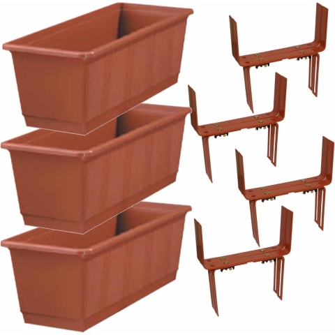Set van 5 kunststof plantenbakken terracotta rechthoekig 40 cm met 10 verstelbare balkon/muurbeugels -
