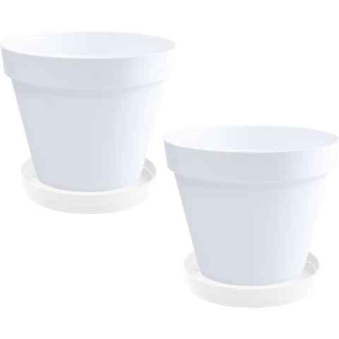 Set van 3x stuks bloempotten Toscane kunststof wit D40 x H32 cm inclusief onderschalen D35 cm -
