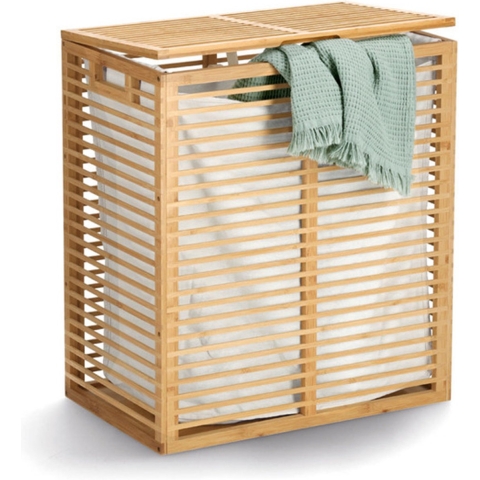 Wasmand/kist - bamboe/katoen - met deksel en canvas waszak - naturel - 53 x 33 x 61 cm -