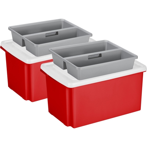 Sunware 2x opslagbox kunststof 51 liter rood 59 x 39 x 29 cm met deksel en organiser tray -