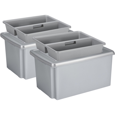 Sunware 2x opslagbox kunststof 51 liter grijs 59 x 39 x 29 cm met deksel en organiser tray -