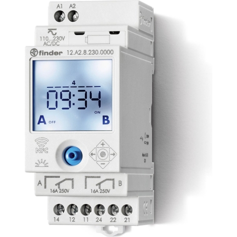Finder 12.A2.8.230.0000 Schakelklok voor DIN-rails 230 V/AC Astronomisch, Weekprogramma