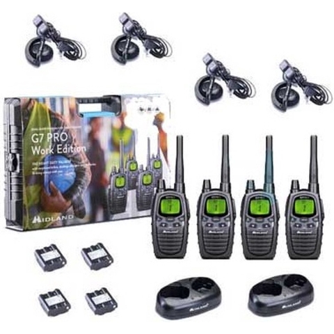 Midland Midland G7 Pro 4er Kofferset, PMR446 2x Doppelstandlader, 4x MA24-L Headsets C1090.19 PMR-portofoon Set van 4 stuks