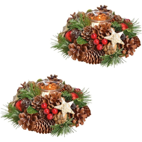 4x stuks kerst tafeldecoratie kerststukje krans met windlichtje 17 cm -