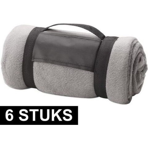 6x Fleece dekens/plaids grijs afneembaar handvat 160 x 130 cm -