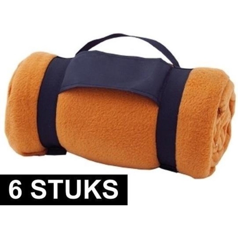 6x Fleece dekens/plaids oranje afneembaar handvat 160 x 130 cm -