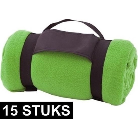 15x Fleece dekens/plaids groen afneembaar handvat 160 x 130 cm -