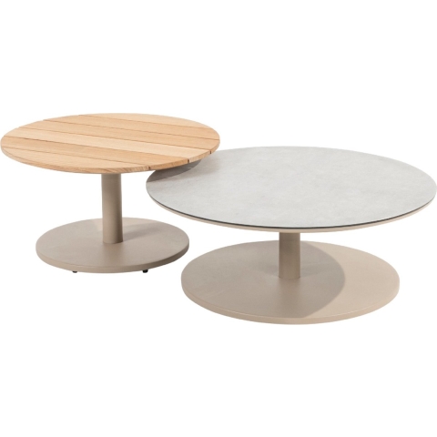 Sara set van 2 salontafels centrale poot latte, 65 en 80 cm dia. printed keramiek / teak top Taste - Taste