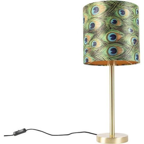 QAZQA Botanische tafellamp messing met pauw kap 25 cm - Simplo