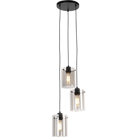 QAZQA Design hanglamp zwart met smoke glas 3-lichts - Dome
