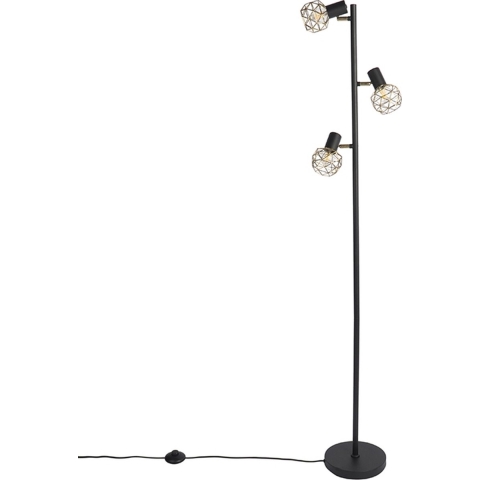QAZQA Design vloerlamp zwart met goud 3-lichts verstelbaar - Mesh