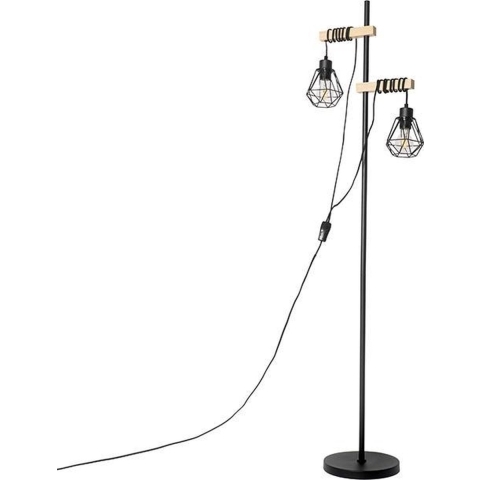 QAZQA Landelijke vloerlamp zwart met hout 2-lichts - Chon