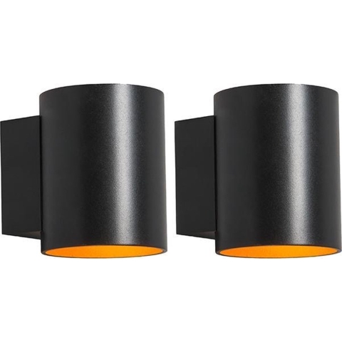 QAZQA Set van 2 wandlampen zwart met goud rond - Sola