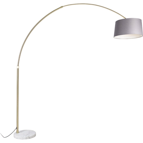 QAZQA Booglamp messing met marmer stoffen kap grijs 45 cm - XXL