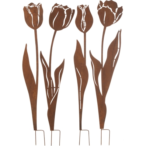 J-Line tuindecoratie Bloemen - ijzer - roest - large - 4 stuks