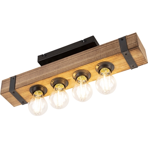 QAZQA Industriële plafondlamp hout met staal 4-lichts - Reena