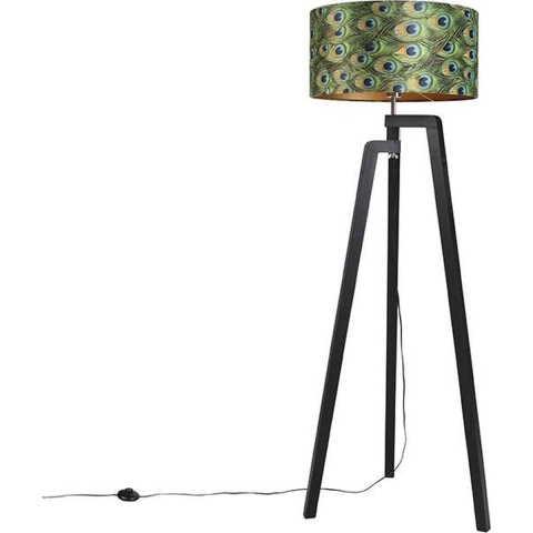QAZQA Vloerlamp tripod zwart met kap pauw dessin 50 cm - Puros