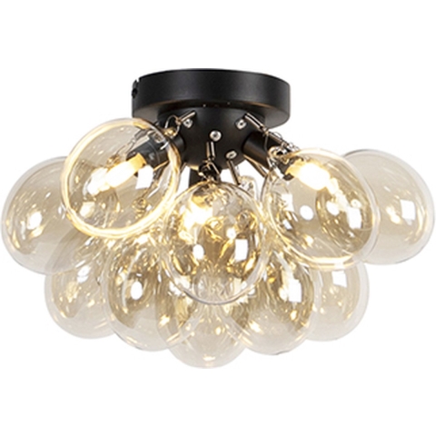 QAZQA Design plafondlamp zwart met amber glas 3-lichts - Uvas