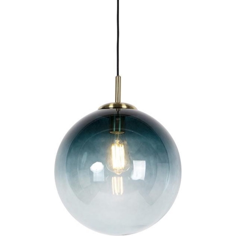 QAZQA Art Deco hanglamp messing met oceaanblauw glas 33 cm - Pallon