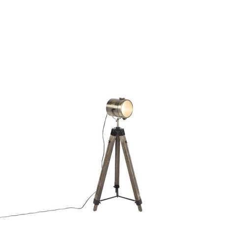 QAZQA Industriële vloerlamp tripod hout met studiospot - Braha