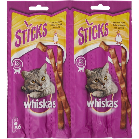 28x 36g Whiskas Sticks Rijk aan Kip Kattensnacks