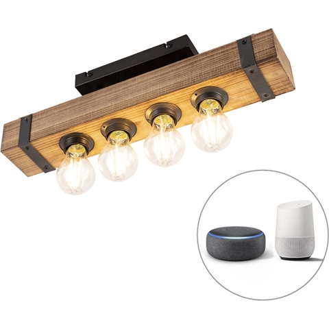 QAZQA Smart industriële plafondlamp hout met staal incl. 4 wifi A60 -