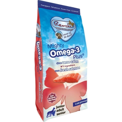 4x Renske Mighty Omega Plus Geperst Hondenvoer Zalm 3 kg