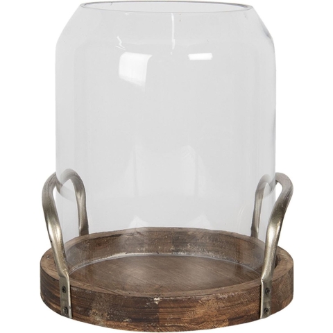Clayre & Eef Windlicht Ø 22x27 cm Hout Glas Rond Kaarsenhouder