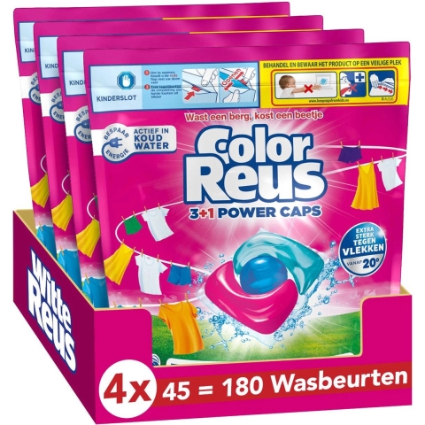4x Witte Reus Color Reus Wasmiddelcapsules 3+1 Power Caps Gekleurde Was 45 stuks