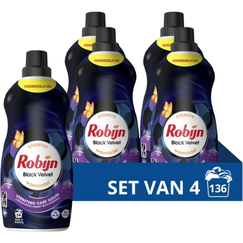 4x Robijn Klein&Krachtig Wasmiddel Black Velvet 34 Wasbeurten 1,19 liter