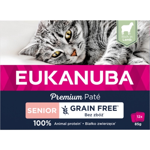 4x Eukanuba Zalm Pate Graanvrij Senior Kat Multi-Pack 12 x 85 gr