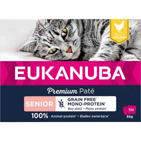 4x Eukanuba Kippen Pate Graanvrij Senior Kat Multi-Pack 12 x 85 gr