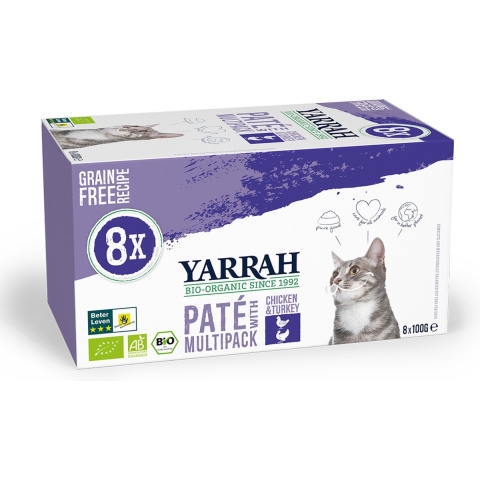 8x Yarrah Bio Kattenvoer Multipack Paté Graanvrij Kip - Kalkoen 8 x 100 gr