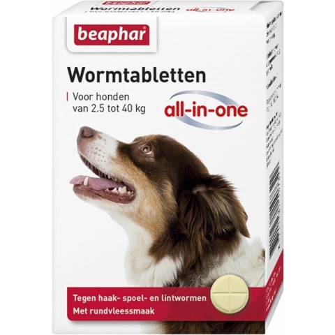 6x Beaphar All-in-one Ontworming Tabletten Hond 2,5 - 40 kg 4 tabletten