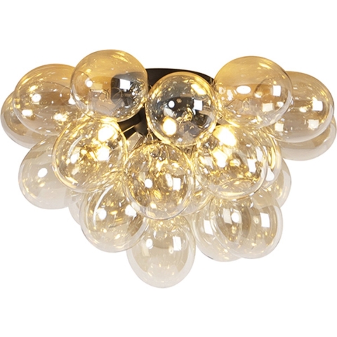 QAZQA Design plafondlamp zwart met amber glas 6-lichts - Uvas