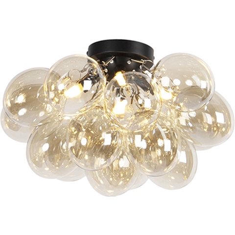 QAZQA Design plafondlamp zwart met amber glas 4-lichts - Uvas