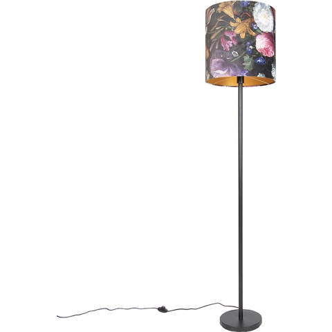 QAZQA Romantische vloerlamp zwart met bloemen kap 40 cm - Simplo