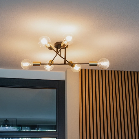 QAZQA Industriële plafondlamp zwart met goud 6-lichts - Sydney
