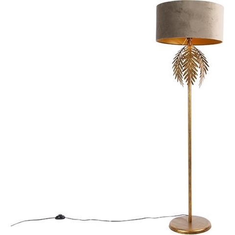 QAZQA Vintage vloerlamp goud 145 cm met velours kap taupe 50 cm -