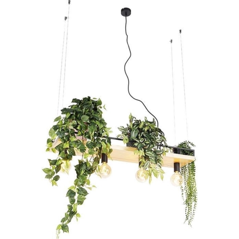 QAZQA Industriële hanglamp zwart met hout 4-lichts - Shelf