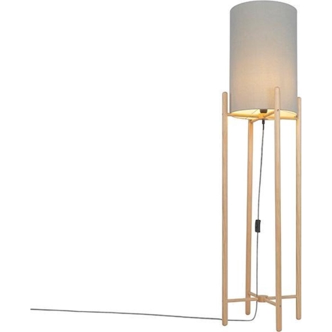 QAZQA Landelijke vloerlamp hout met grijze kap - Lengi
