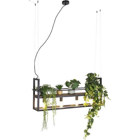 QAZQA Industriële hanglamp zwart met hout en rek 4-lichts - Cage Rack