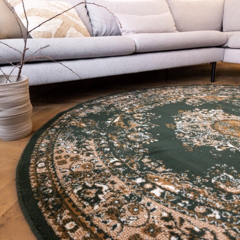 Interieur05 Rond Vintage Vloerkleed Keshan groen - 160 cm