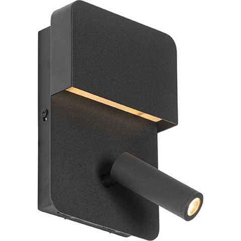 QAZQA Wandlamp zwart incl. LED met USB en leeslamp met schakelaar -
