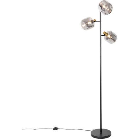QAZQA Vloerlamp zwart met goud met smoke glas 3-lichts - Zuzanna