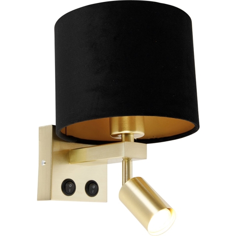 QAZQA Wandlamp messing met leeslamp en kap 18 cm zwart - Brescia