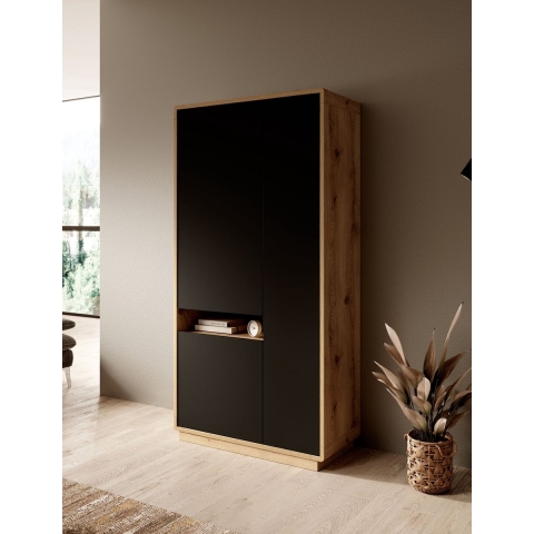 Meubella Vitrinekast Acuna - Mat zwart - Eiken - 92 cm