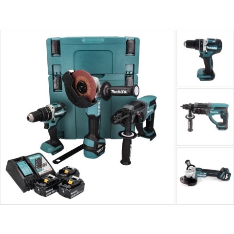 Makita DLX3093TJ 18V LXT 3 delige set: DGA513 Haakse slijper + DHP484 (Klop)boormachine + DHR202 Boorhamer met 3 x 5.0Ah accu&apos;s - DLX3093TJ